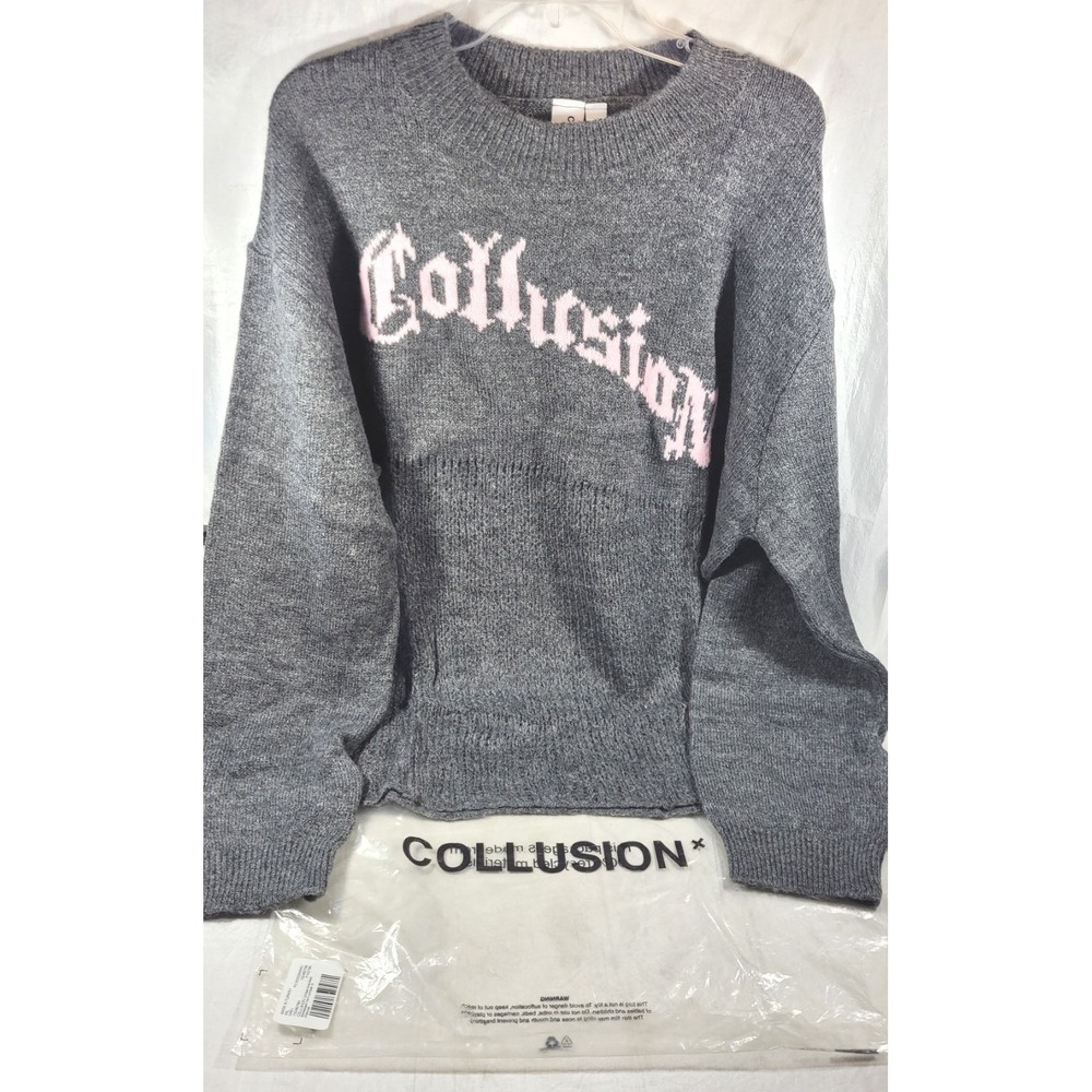 Collusion Unisex Branded Distressed Hem Jumper Sweater - Charcoal - Sz 2XL
